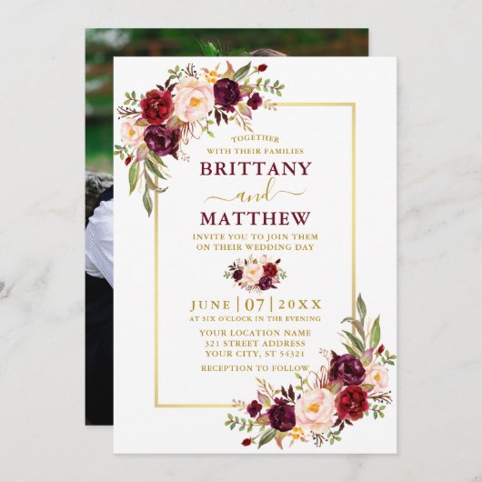 Burgundy Foto Gold Wedding Einladung (Vorne/Hinten)