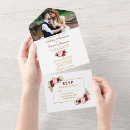 Burgundy Foto Hochzeit Gold All In One Einladung