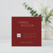 Burgundy Foto Wedding Invite QR Code Rett Datum Einladung (Stehend Vorderseite)