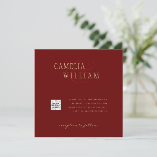 Burgundy Foto Wedding Invite QR Code Rett Datum Einladung (Stehend Vorderseite)