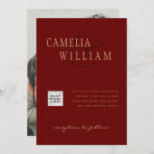 Burgundy Foto Wedding Invite QR Code Rett Datum Einladung (Vorne/Hinten)