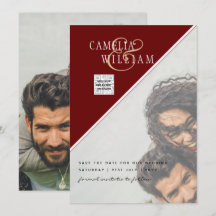 Burgundy Foto Wedding Invite Rett Date QR Code