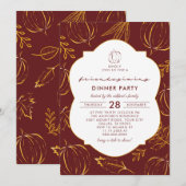 Burgundy Friendsgiving Dinner Orange Pumpkin Leaf Einladung (Vorne/Hinten)