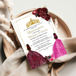 Burgundy & Fuchsia Butterfly Twin Quinceanera Einladung