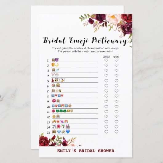 Burgundy Garden Brautparty Game PRINIERT (Vorne/Hinten)