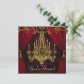 Burgundy Gardines Red Gold Chandelier Party Einladung (Stehend Vorderseite)