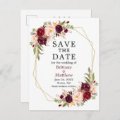 Burgundy Geo Frame Save the Date Postkarte (Vorne/Hinten)