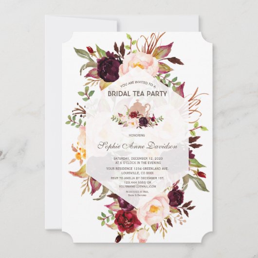 Burgundy Geometric Floral Brautparty Tee Party Einladung (Vorderseite)