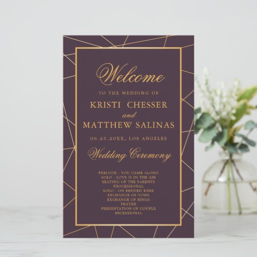 Burgundy Geometric Gold Frame Wedding Program Card (Stehend Vorderseite)