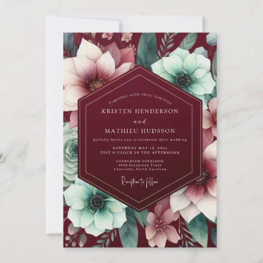 Burgundy Gilded Bloom Wedding Einladung (Vorderseite)