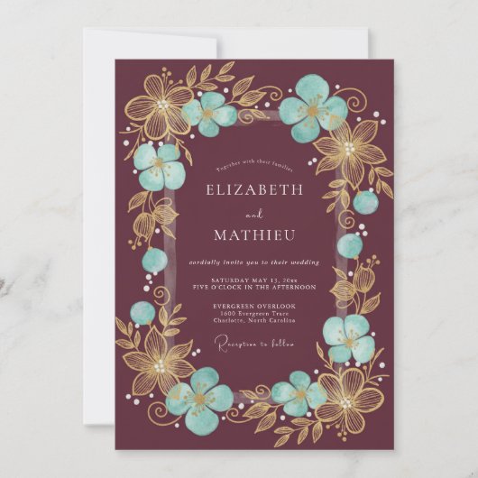 Burgundy Gilded Blossom Romantic Wedding Einladung (Vorderseite)