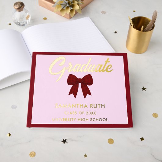 Burgundy Gingham Bow Graduation Party Gästebuch (Vorderseite offen)