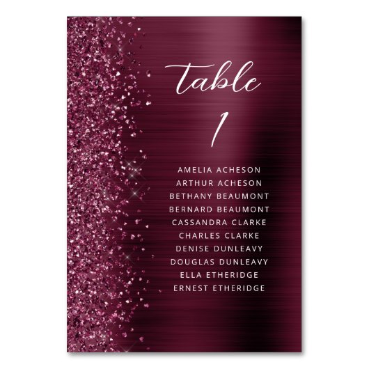 Burgundy Glam Glitzer Metallic Script Wedding Tischnummer (Rückseite)