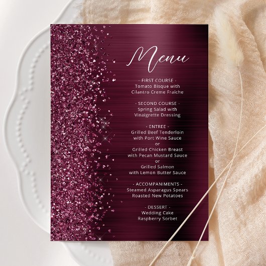 Burgundy Glam Glitzer Script Wedding Menükarte