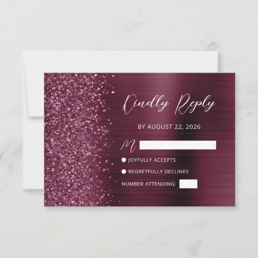 Burgundy Glam Glitzer Script Wedding RSVP Card (Vorderseite)