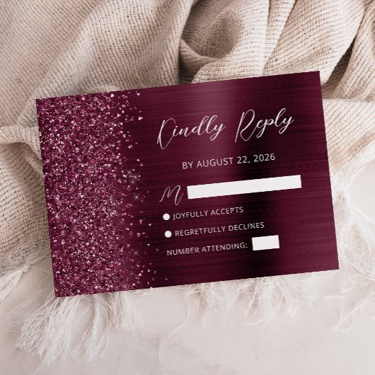 Burgundy Glam Glitzer Script Wedding RSVP Card Karte