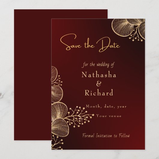 Burgundy & Glided Floral Elegant Wedding Save The Date (Vorne/Hinten)