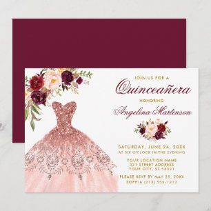 Burgundy Glitzer Dress Gold Quinceanera Einladung
