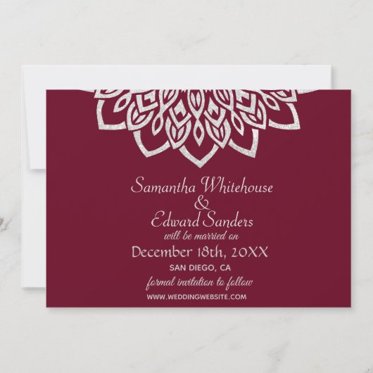 Burgundy Glitzer Silver Elegante Save the Date Kar (Rückseite)