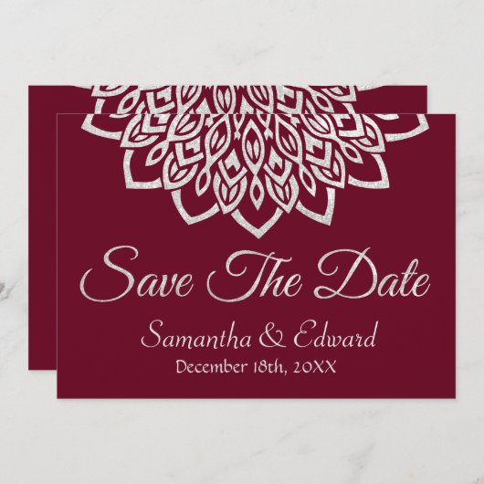 Burgundy Glitzer Silver Elegante Save the Date Kar (Vorne/Hinten)