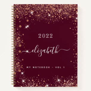 Burgundy Glitzer Staub Name Skript-Tagebuch Notizblock