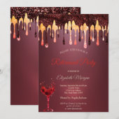 Burgundy Glitzer Tropfen Weinglas Rente Einladung (Vorne/Hinten)