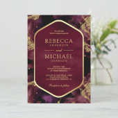 Burgundy Gold Abstrakt Fluid Ink Foto Wedding Einladung (Stehend Vorderseite)