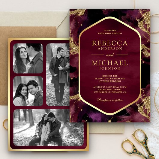 Burgundy Gold Abstrakt Fluid Ink Foto Wedding Einladung