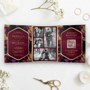 Burgundy Gold Abstrakt Fluid Ink QR Code Wedding Dreifach Gefaltete Einladung