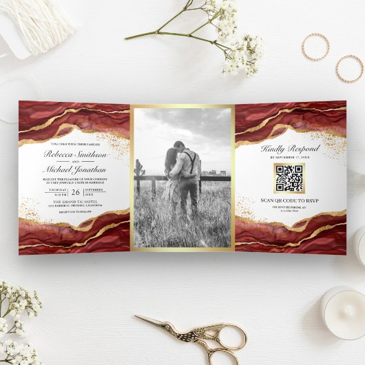 Burgundy Gold Abstrakt Tinte QR Code Wedding Dreifach Gefaltete Einladung