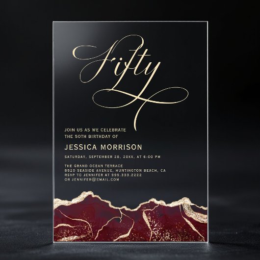 Burgundy Gold Agate 50. Geburtstagsparty Acryleinladungen