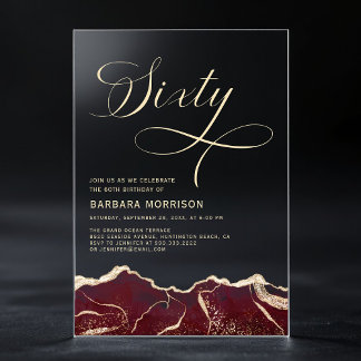 Burgundy Gold Agate 60. Geburtstagsparty Acryleinladungen