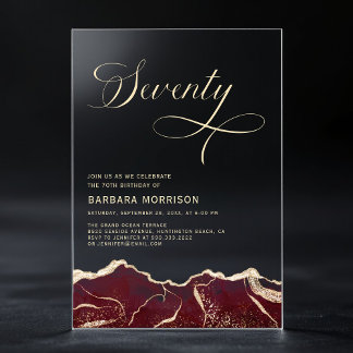 Burgundy Gold Agate 70. Geburtstagsparty Acryleinladungen