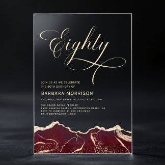 Burgundy Gold Agate 80. Geburtstagsparty Acryleinladungen