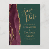 Burgundy Gold Agate Emerald Green Save the Date Ankündigungspostkarte (Vorderseite)