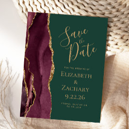 Burgundy Gold Agate Emerald Green Save the Date Ankündigungspostkarte