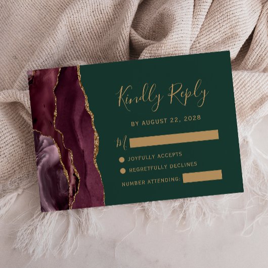 Burgundy Gold Agate Emerald Green Wedding RSVP Karte