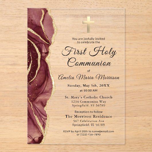 Burgundy Gold Agate First Holy Communion Girl Acryleinladungen (Vorderseite)