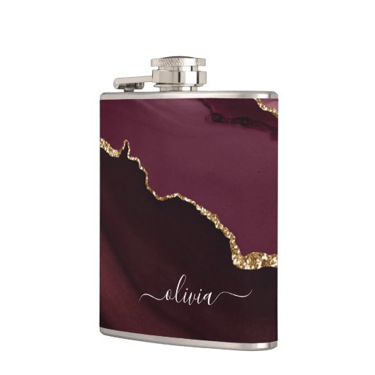 Burgundy Gold Agate Geode Gold Monogram Flachmann (Links)