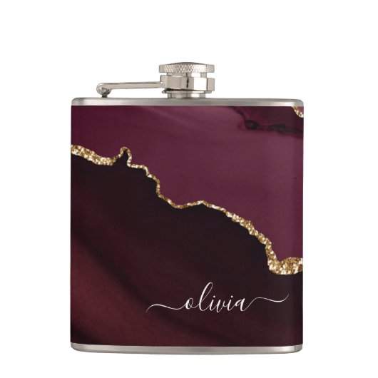 Burgundy Gold Agate Geode Gold Monogram Flachmann (Vorderseite)