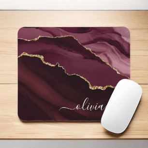 Burgundy Gold Agate Geode Gold Monogram Mousepad
