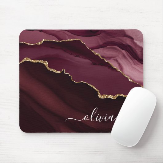 Burgundy Gold Agate Geode Gold Monogram Mousepad (Mit Mouse)