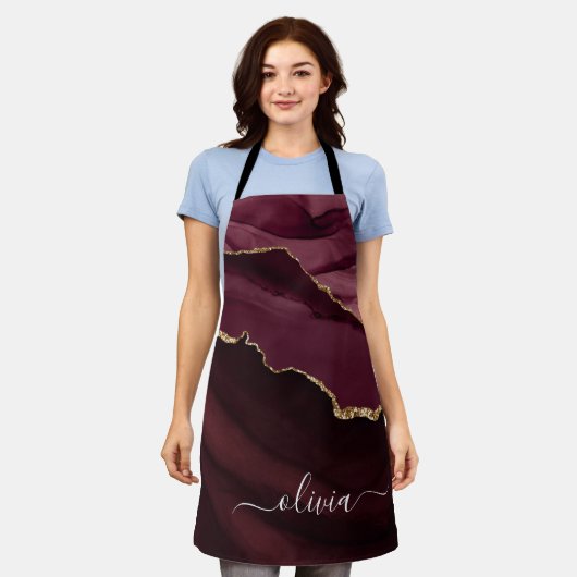 Burgundy Gold Agate Geode Gold Monogram Schürze (Getragen)