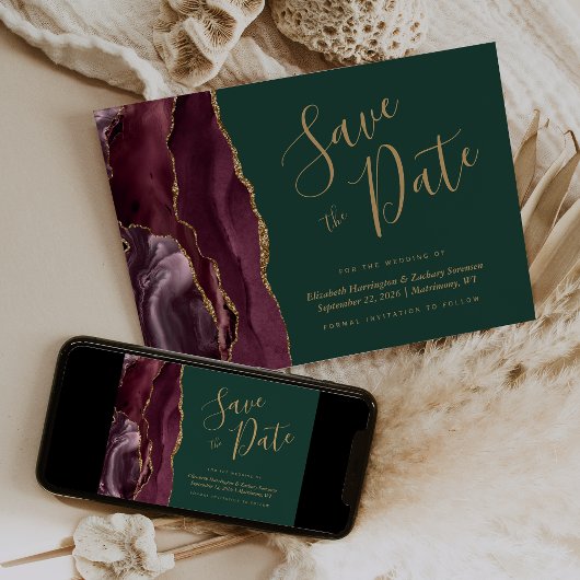 Burgundy Gold Agate Green Save the Date Card Einladung