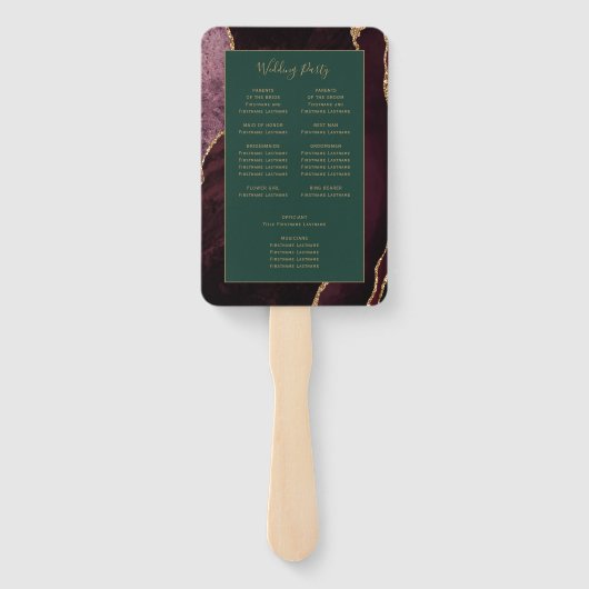 Burgundy Gold Agate Green Wedding Program Fächer (Rückseite)