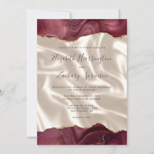 Burgundy Gold Agate Ivory Silk Wedding Einladung (Vorderseite)