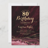 Burgundy Gold Agate Marble 80. Geburtstag Einladung (Vorderseite)