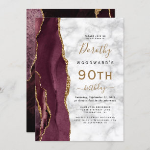 Burgundy Gold Agate Marble 90. Geburtstagsparty Einladung