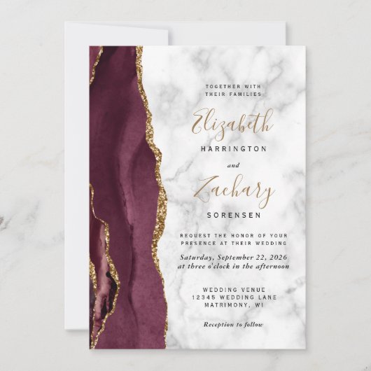 Burgundy Gold Agate Marble QR Code Wedding Einladung (Vorderseite)