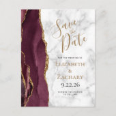 Burgundy Gold Agate Marble Save the Date Ankündigungspostkarte (Vorderseite)